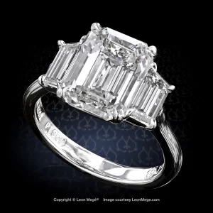 Leon Megé bespoke three-stone ring with an emerald cut diamond and step-cut trapezoids in platinum r7037