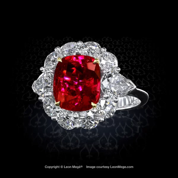 Leon Megé bespoke statement ring with an unheated certified Pigeon-blood cushion Burma ruby in a cluster of natural diamonds r6699