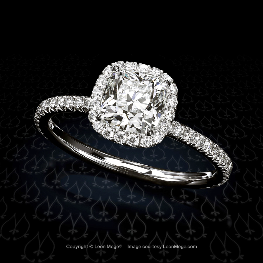 811 halo engagement ring featuring a Dynasty cushion diamond by Leon Mege.