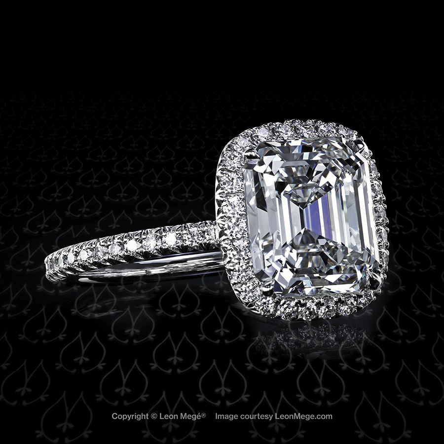811 halo ring featuring an Asscher diamond by Leon Mege.
