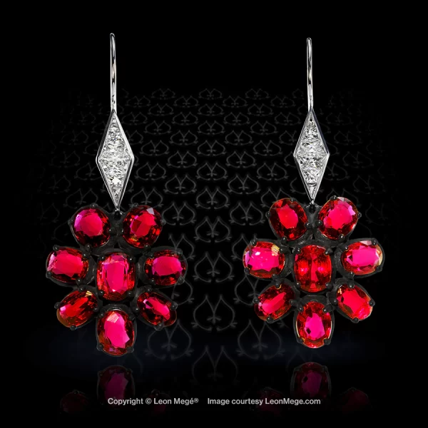 Ruyi drop earrings featuring oval rubies and True Antique French cut diamonds by Leon Mege.