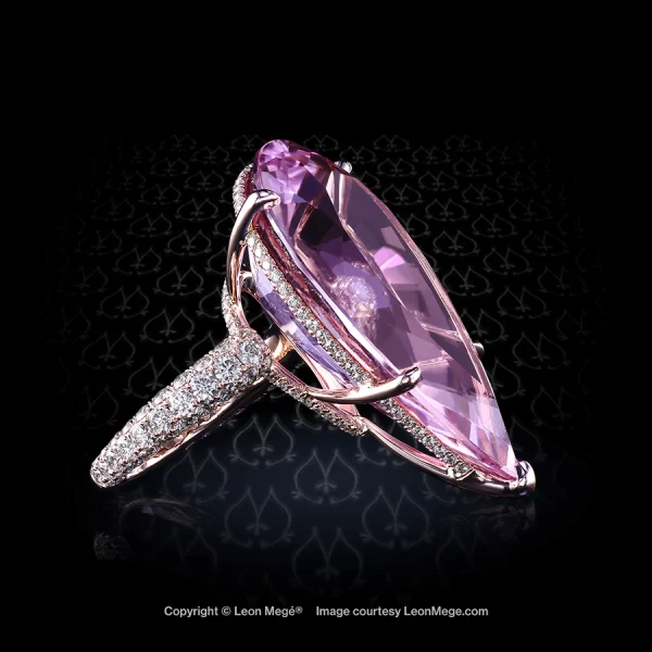 413 statement ring featuring a GIA certified 35.73 carat pear shaped pink morganite by Leon Mege.
