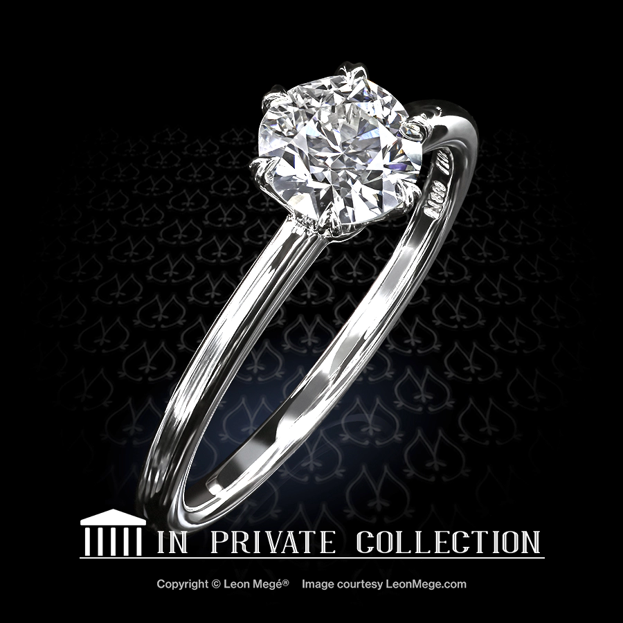 Leon Megé exclusive Tulip™ six-prong platinum solitaire with a round diamond on a uniform shank r6800