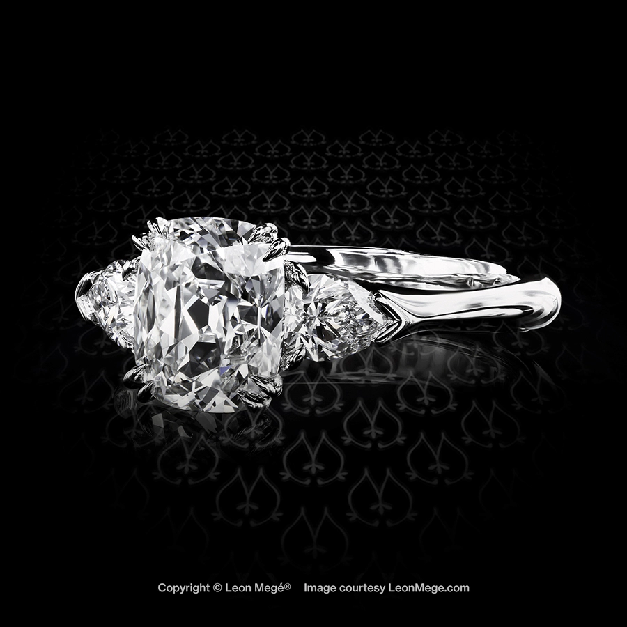 Leon Megé three-stone ring with a True Antique™ cushion diamond and pear-shaped diamonds r7030