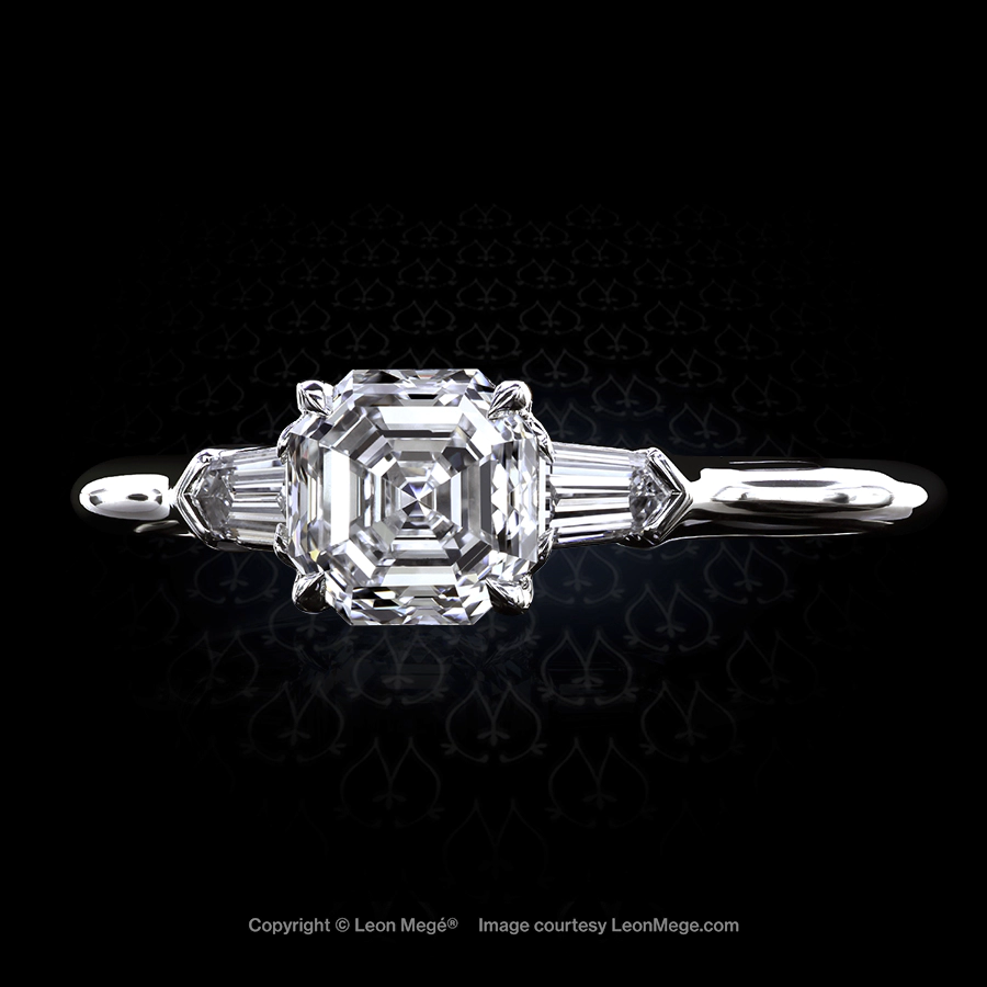 Leon Megé classic three-stone ring with an Asscher cut diamond and a pair of diamond bullets r7113