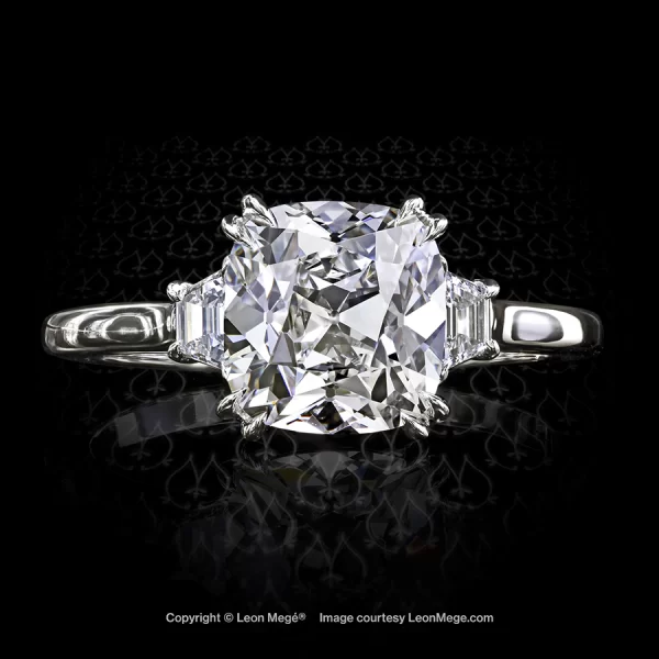Leon Megé classic three-stone ring with a True Antique™ cushion diamond and diamond traps r7144