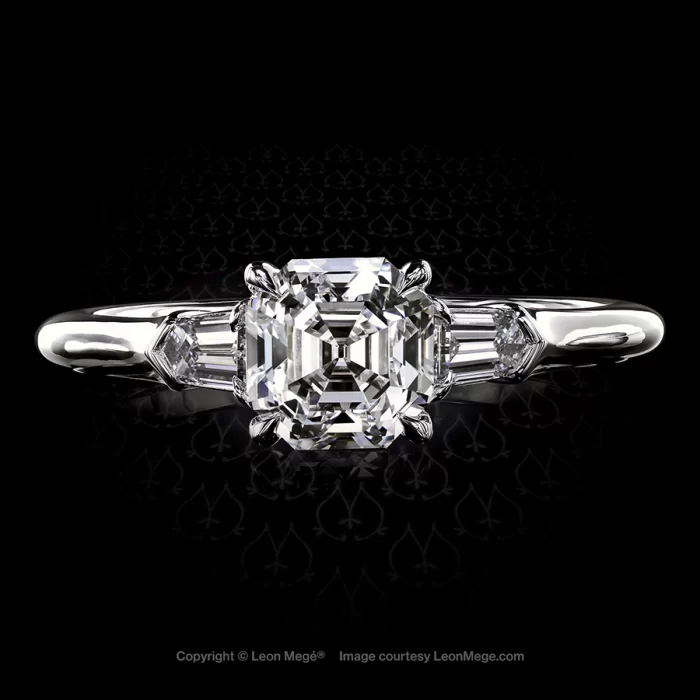 Leon Megé three-stone ring with Asscher cut diamond and matching pair of diamond bullets r7183
