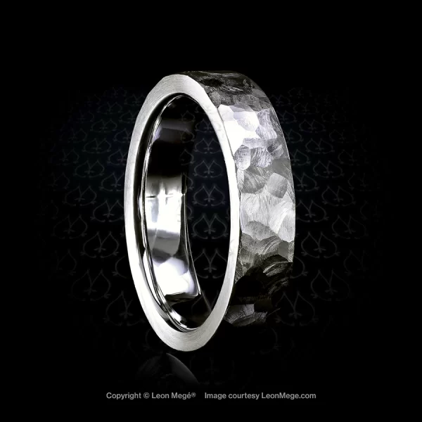 Leon Megé homage to the brutalist movement contemporary platinum wedding band with hammered finish r7241