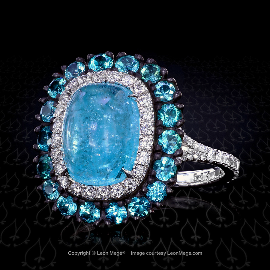 Custom made statement ring featuring a Paraiba tourmaline cabochon by Leon Mege.