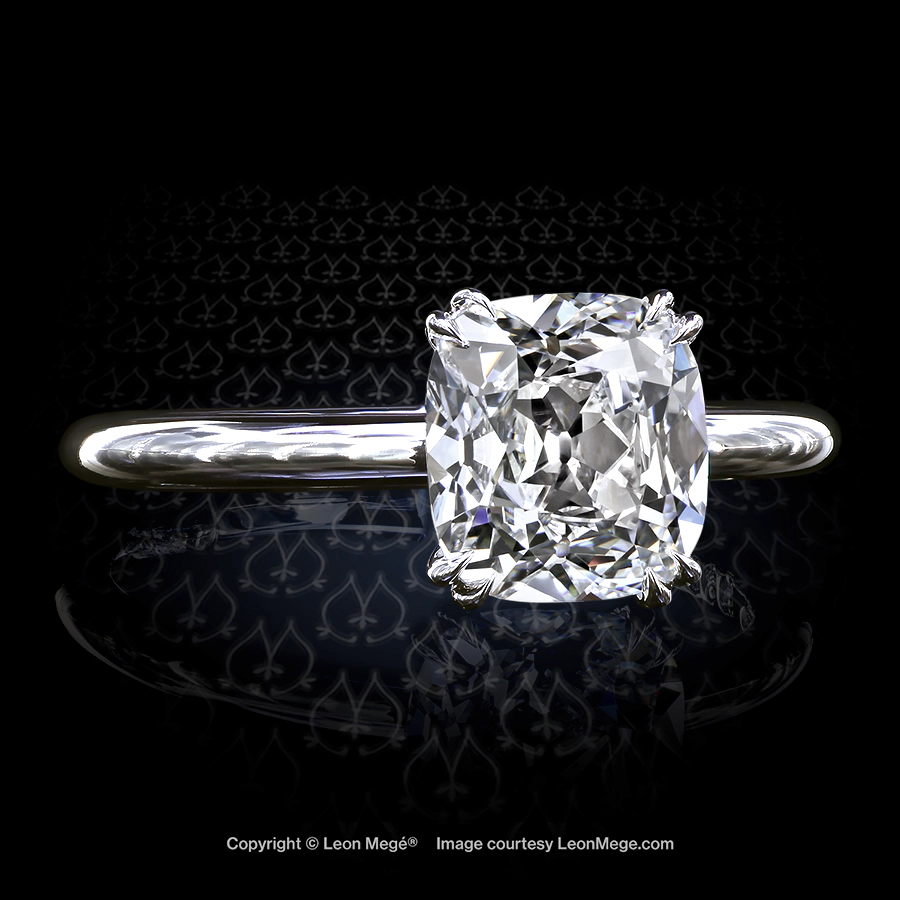 Leon Megé modern solitaire with a True Antique™ cushion diamond in double claw prongs r6858