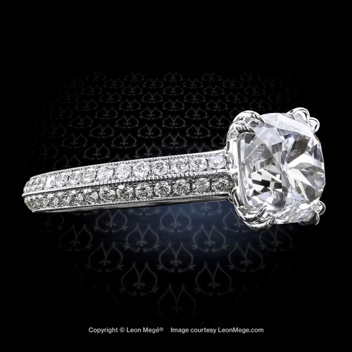 Leon Megé engagement ring with a True Antique™ cushion diamond and bright-cut pave r7111