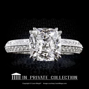 Leon Megé engagement ring with a True Antique™ cushion diamond and bright-cut pave r7111