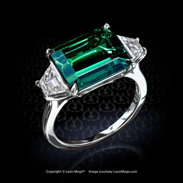 East-West three stone ring with chrome tourmaline and diamonds by Leon Mege