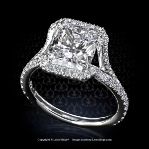 Leon Megé split-shank engagement ring with a Radiant-cut diamond in a brilliant semi-halo r7271