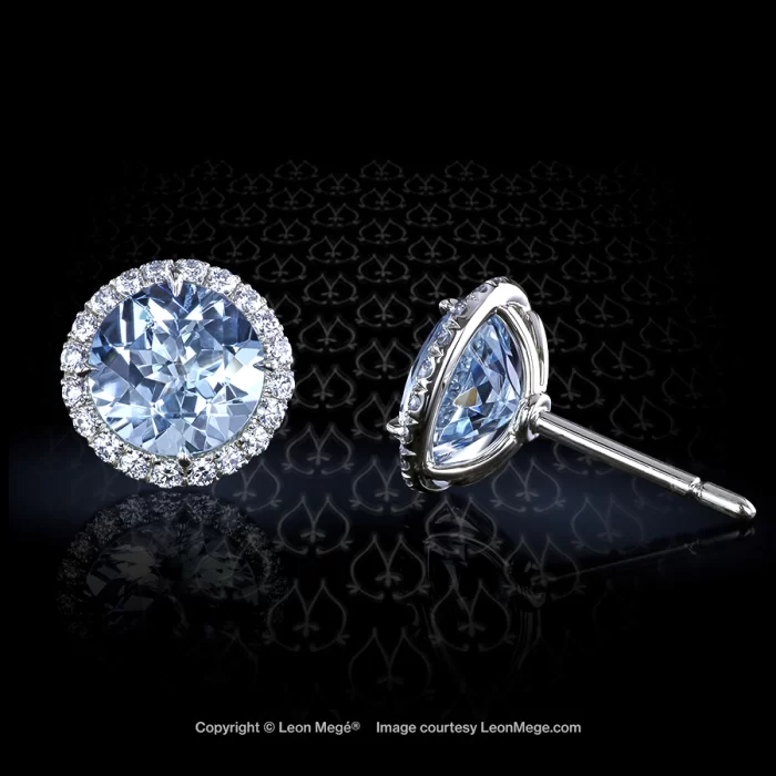e7227 Leon Mege diamonds pave halo stud with round aquamarines.