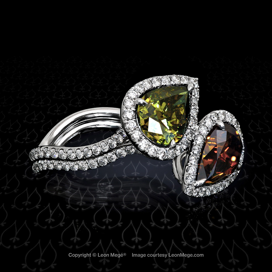 Custom made bypass ring featuring pear shaped fancy deep orange and olive green diamonds by Leon Mege.