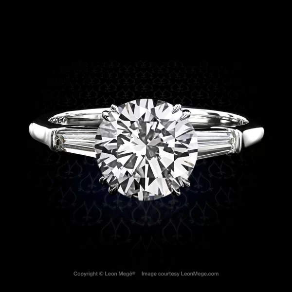Leon Megé classic hand-forged three-stone ring with a round diamond and tapered baguettes in platinum r6513