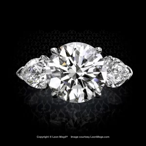 Leon Megé classic three-stone ring featuring a round brilliant flanked by matching pear-shaped diamonds r7043