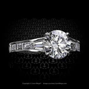 Leon Megé bespoke solitaire with a round diamond in claw prongs and channel-set baguettes r7087