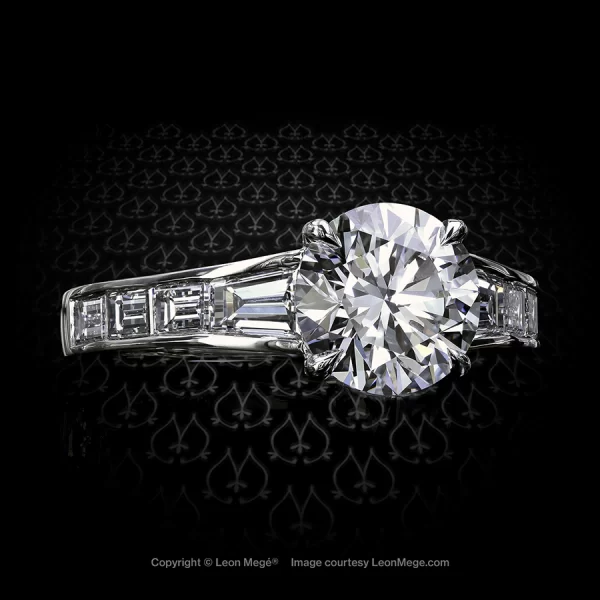 Leon Megé bespoke solitaire with a round diamond in claw prongs and channel-set baguettes r7087