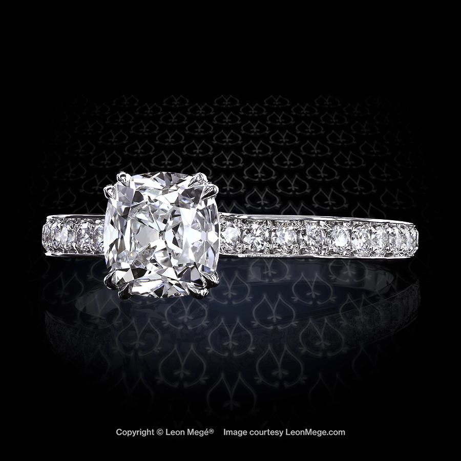 Leon Megé 301™ platinum solitaire with a True Antique™ cushion diamond and bright-cut pave r7122