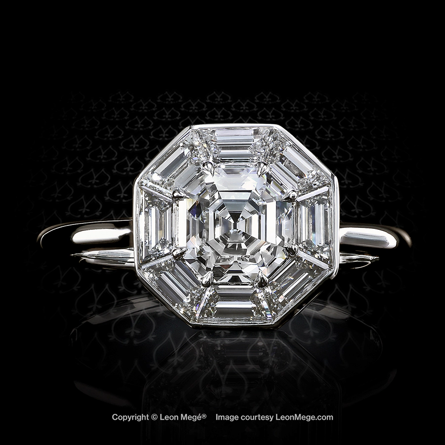 Leon Megé engagement ring with an Asscher cut surrounded by calibrated step-cut diamonds r7157