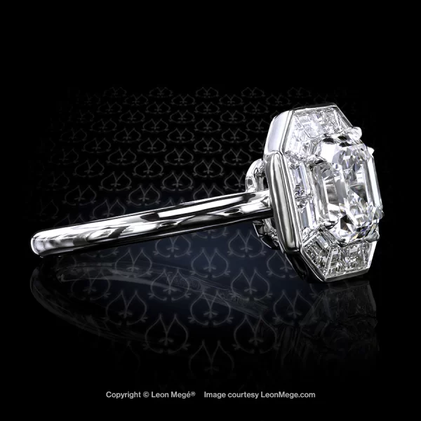Leon Megé bespoke engagement ring with an Asscher cut diamond framed by precision cut diamonds r7239