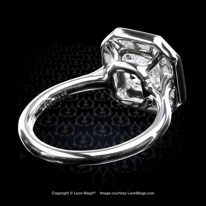 Leon Megé bespoke engagement ring with an Asscher cut diamond framed by precision cut diamonds r7239