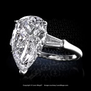 Leon Megé bespoke three-stone ring with a pear shaped diamond and tapered baguettes r7281