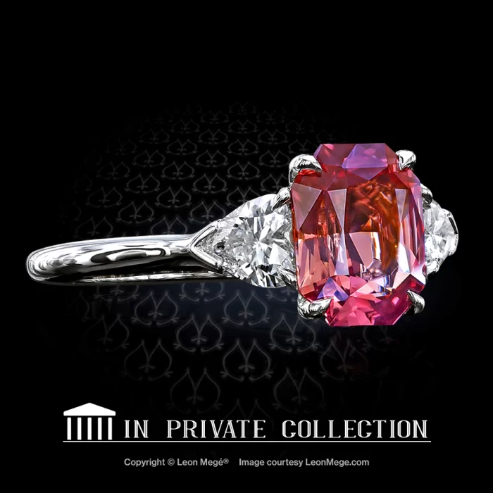 Leon Megé three-stone ring with a Padparadscha sapphire and heart-shaped diamonds r7336