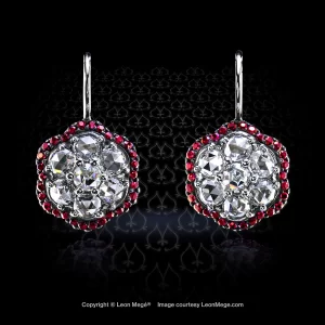 Leon Megé earrings with rose-cut diamonds and natural rubies in antiqued platinum e7225
