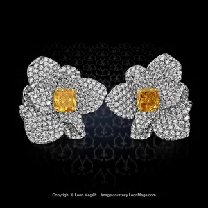 e775 Leon Mege orchid motif earrings with natural fancy intense orange diamonds and micro pave.
