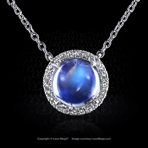 Custom made micro pave pendant, featuring 1.64 carat cabochon moonstone by Leon Mege.