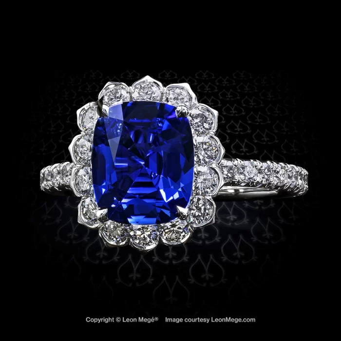 Lotus halo ring with cushion cut GIA certified natural blue sapphire by Leon Mege