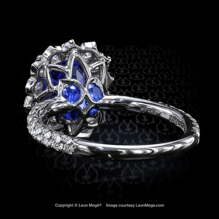 Lotus halo ring with cushion cut GIA certified natural blue sapphire by Leon Mege