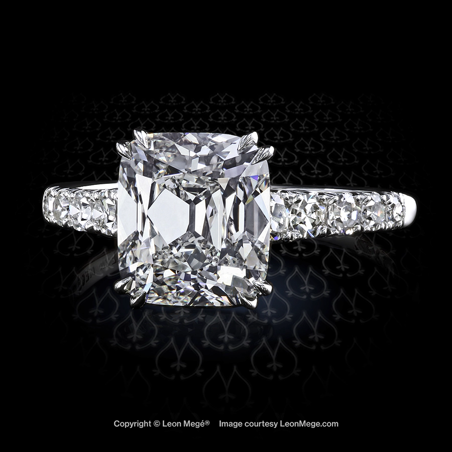 GIA certified 3.05 carat true antique cushion diamond in a platinum ring by Leon Mege