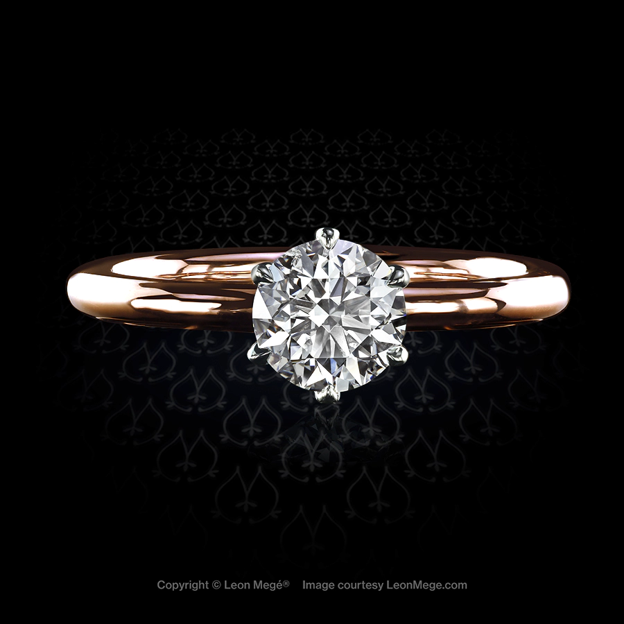 r7209 Leon Mege Tulip solitaire with a round diamond rose gold shank and tiffany style head.