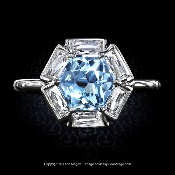 Leon Megé elegant right-hand ring with aquamarine in a halo of elongated French cut diamonds r7366