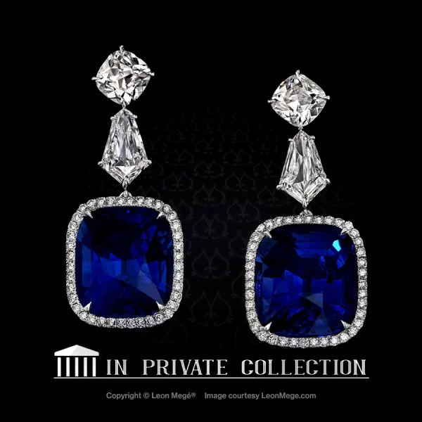 Burma sapphires surrounded by micro pave and dropped from True Antique™ cushion diamonds via a pair of diamond shields e4598