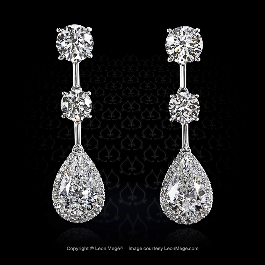Leon Mege platinum ear drop with pear-shaped diamonds wrapped in pave and dropped off round diamond studsr7341