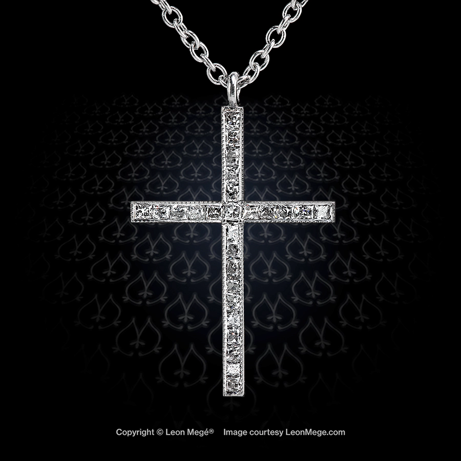 Antique French cut diamond channel set cross pendant by Leon Mege