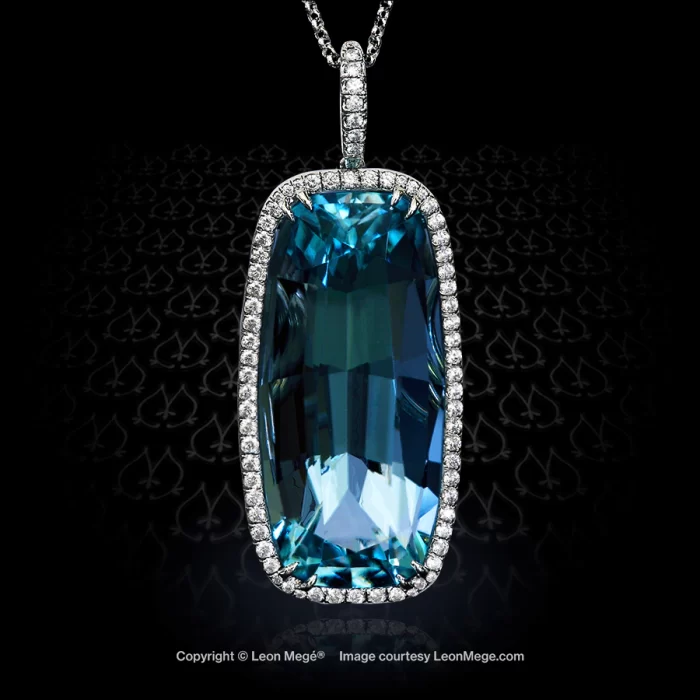 A micro pavé border frames gorgeous Santa-Maria aquamarine in a dangling diamond pendant p4214
