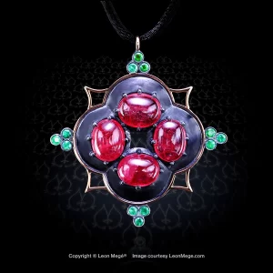Custom made couture pendant featuring red rhodonite cabochons by Leon Mege.