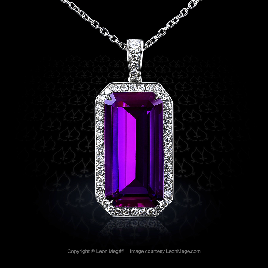 Leon Megé platinum pendant with a stunning deep-purple emerald-cut amethyst in a diamond halo p7262