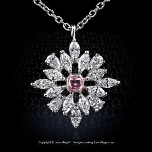 Snowflake platinum pendant with cushion pink diamond, pear shape and marquise diamonds by Leon Mege