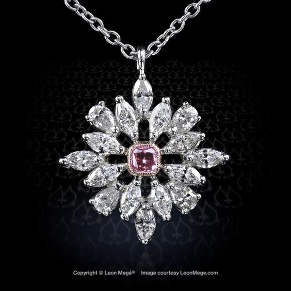 Leon Megé snowflake pendant with a natural pink diamond in mixed white diamond cluster p7328