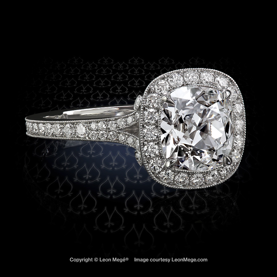 Leon Megé exclusive Cold Fusion™ ring with a True Antique™ cushion diamond in a pave-set halo r6253