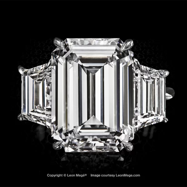 Leon Megé bench-made three-stone ring with an emerald-cut diamond and step-cut trapezoids r6293