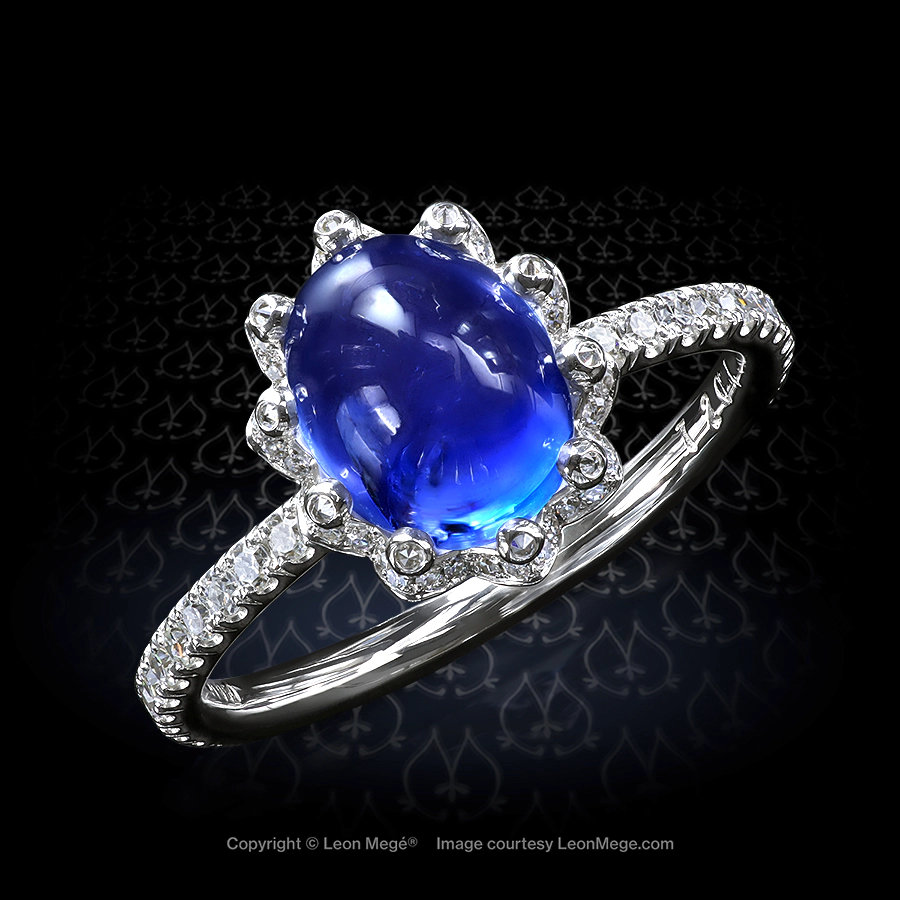 Leon Megé Award-winning Bellflower™ right-hand ring featuring a blue sapphire cab in a micro pave setting r7201