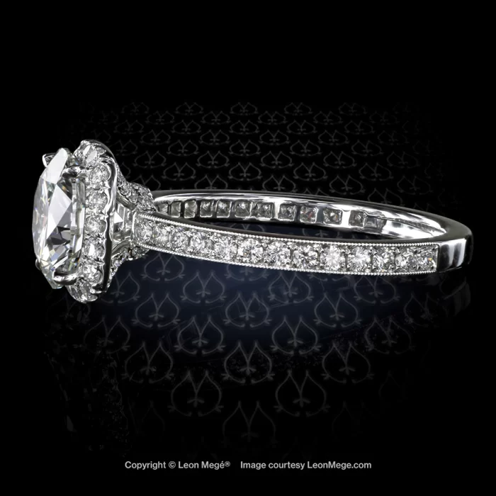 Leon Megé platinum engagement ring featuring a round diamond in a cushion halo with micro pave r7228